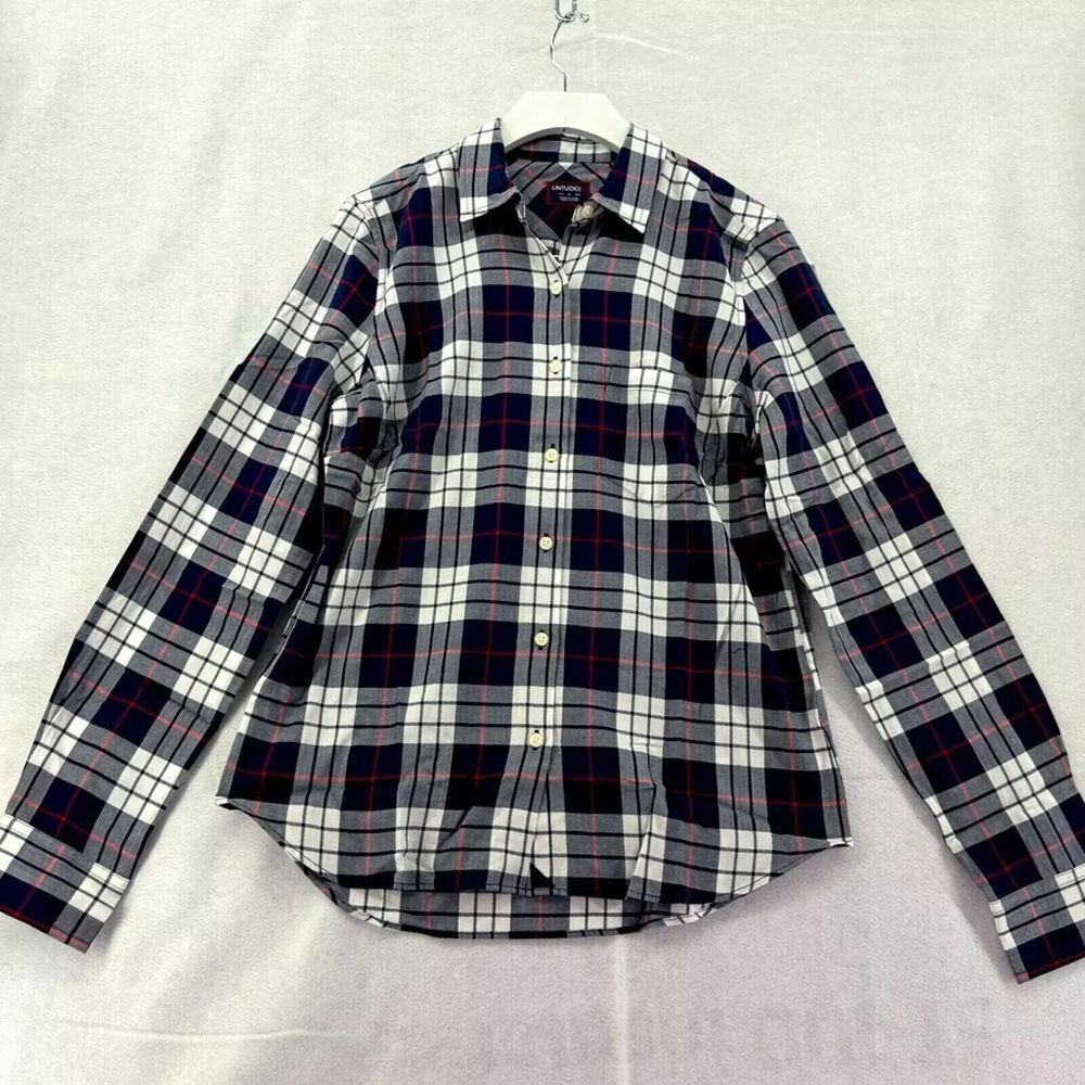 New UNTUCKit Citra Plaid Button Down Women 4 Navy White‎ Red Herringbone